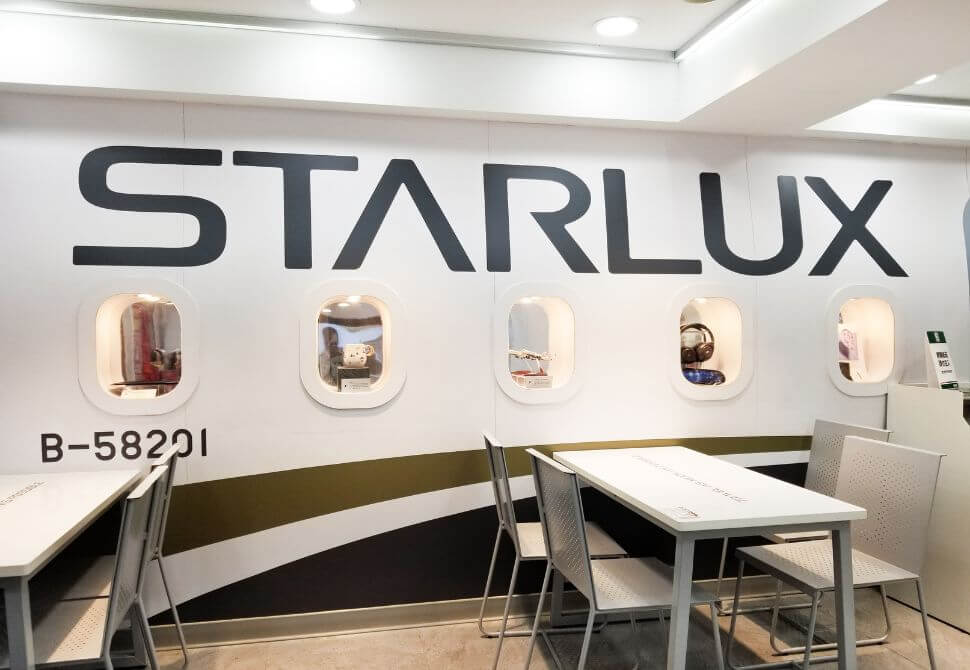 Starlux airline themed interior in the seating area of 7 11 in Taipei