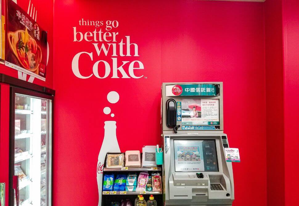 Red and white decor relating to the Coke brand