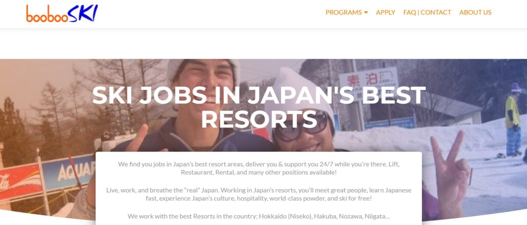 The heading for the BooBooSki website which offers ski resort jobs for English speakers in Japan