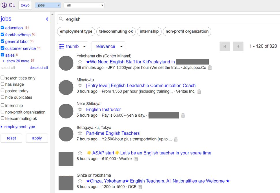 A list of craigslist Japan jobs and listings examples