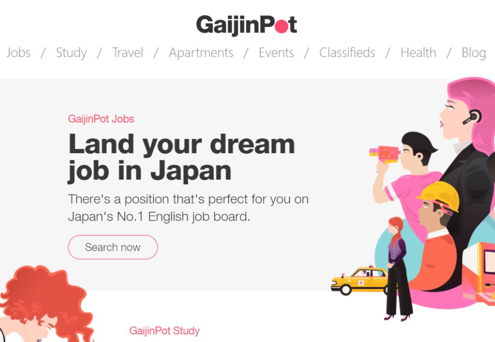 Screenshot of the homepage of the GaijinPot website - a place to find jobs in Japan for English speakers 