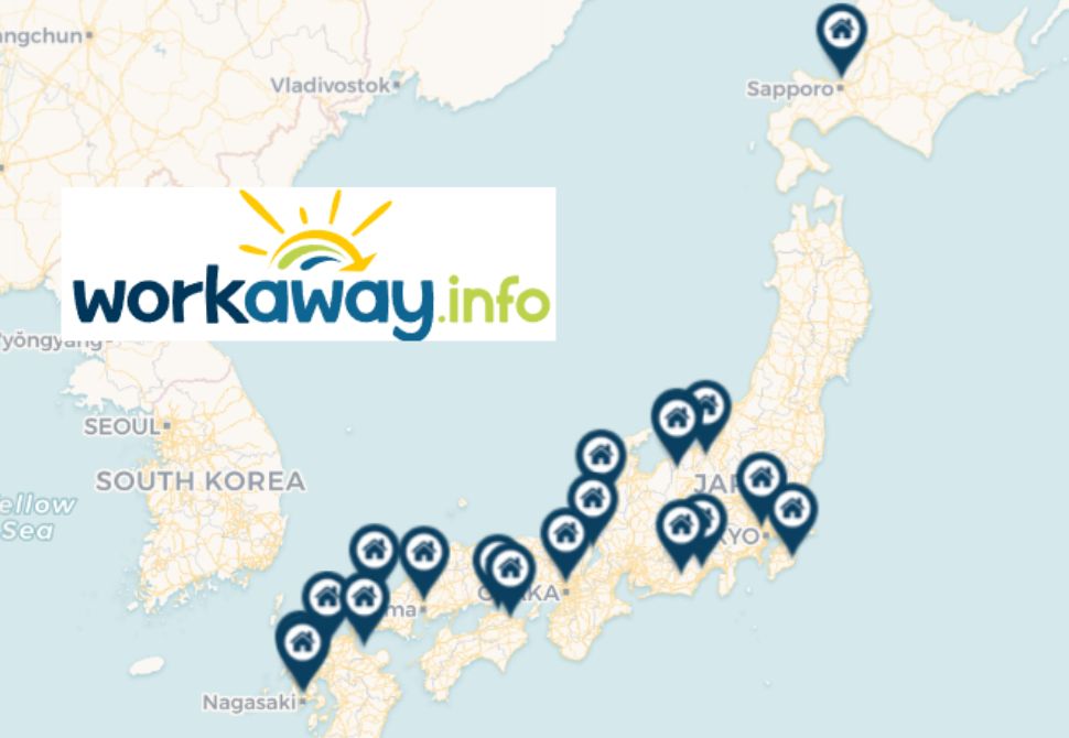 A map of some placements on the WorkAway website with the logo - a site that offers some paid jobs to english speakers in Japan