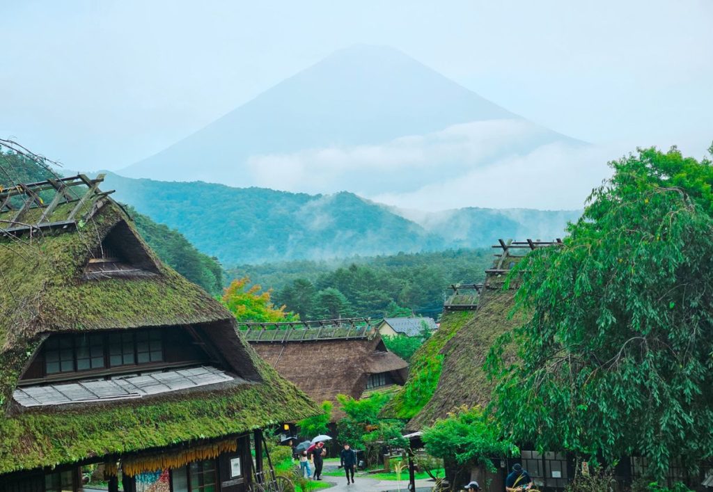A view over four of the traditional village huts in the village with clouds and Fuji in the background. Saiko Iyashi no Sato Nemba
