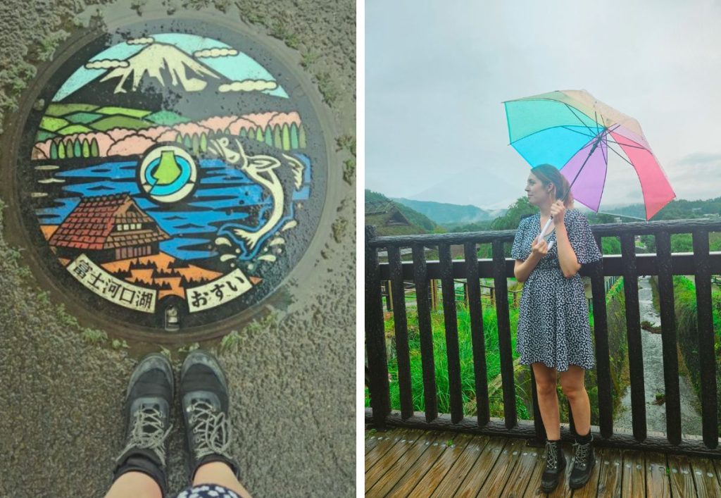 The colourful manhole relating to the village and myself in the rain trying to get a photo with Mt. Fuji